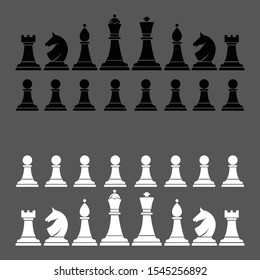 CHESS PIECE ICONS, BLACK AND WHITE SILHOUETTES ISOLATED, GRAY BACKGROUND. VECTOR