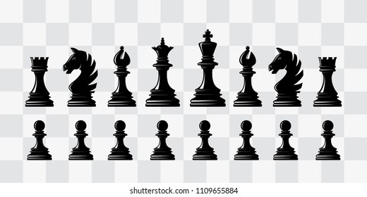 Chess piece icons. Board game. Black silhouettes. Vector Illustration.