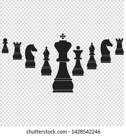 Chess piece icons. Board game. Black silhouettes isolated on checked background. Vector illustration