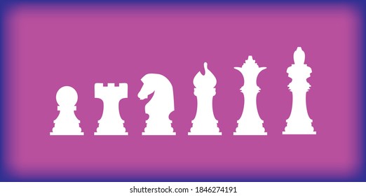 Chess piece icons. Board game. white silhouettes isolated on purple background. Vector illustration.