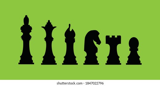 Chess piece icons. Board game. Black silhouettes isolated on green background. Vector illustration.