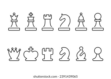 Chess piece icons. Board game. Black silhouettes on white background vector illustration. Business strategy logo Chess with king, queen, horse, knight, rook, pawn, bishop, checkmate, strategy flat