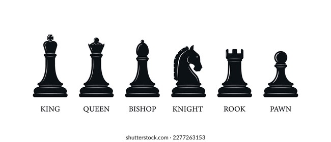 Chess piece icons with name- Black silhouettes isolated on white background 