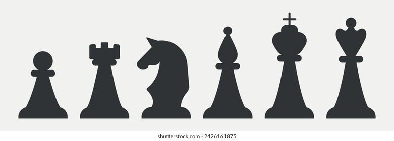 Conjunto de iconos de pieza de ajedrez. Figuras negras de silueta. Juego, estrategia, juego. Ilustración vectorial, aislado