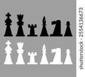 Chess piece icons set. Board game. Black silhouettes illustration. Outline set of chess vector icon for web design isolated on white background. King, queen, bishop, pawn, horse, knight, rook.