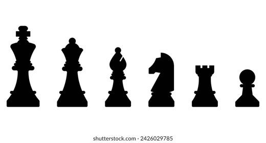 Conjunto de iconos de pieza de ajedrez. Juego de mesa. Ilustración de siluetas negras. Conjunto de contorno de icono vectorial de ajedrez para diseño web aislado sobre fondo blanco. Rey, reina, obispo, peón, caballo, caballero, torre.