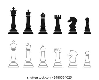 Chess piece icons set. Board game. Black and white silhouettes isolated on white background. Vector illustration.