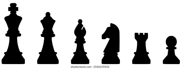 Conjunto de iconos de piezas de ajedrez. Juego de Tablero. Siluetas negras ilustración. Conjunto de esquema de icono de Vector de ajedrez para Diseño web aislado sobre fondo blanco. Rey, reina, alfil, peón, caballo, caballero, torre.