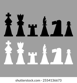 Chess piece icons set. Board game. Black silhouettes illustration. Outline set of chess vector icon for web design isolated on white background. King, queen, bishop, pawn, horse, knight, rook.