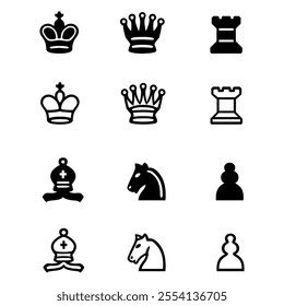 Chess piece icons set. Board game. Black silhouettes illustration. Outline set of chess vector icon for web design isolated on white background. King, queen, bishop, pawn, horse, knight, rook.