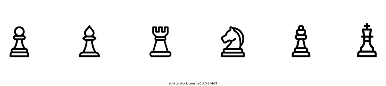 Conjunto de ícones de peças de xadrez. Jogo de tabuleiro. Conjunto de linhas do ícone de vetor de xadrez para web design isolado no fundo branco. Rei, rainha, bispo, peão, cavalo, cavaleiro, torre. Ilustração de vetor. EPS 10