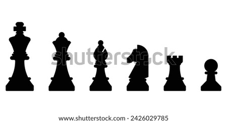 Chess piece icons set. Board game. Black silhouettes illustration. Outline set of chess vector icon for web design isolated on white background. King, queen, bishop, pawn, horse, knight, rook.