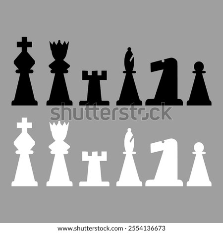 Chess piece icons set. Board game. Black silhouettes illustration. Outline set of chess vector icon for web design isolated on white background. King, queen, bishop, pawn, horse, knight, rook.