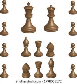 Chess piece king, queen, rook, bishop, knight and pawn in isometric view, 3 d, three-dimensional image. Vector illustration