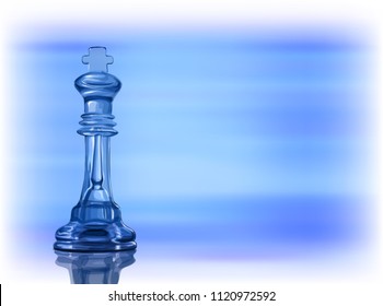 Chess Piece King - transparent blue chess king with reflection on blue background - vector illustration template for business theme, technology, innovation, education