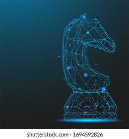 Chess piece knight consisting of points and lines. Low poly wireframe on blue background. Creative minimal concept. Abstract illustration of a starry sky of galaxies. Digital Vector illustration.