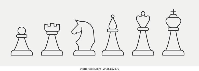 Conjunto de iconos de línea de pieza de ajedrez. Figuras de Juego, estrategia, juego para pensar. Ilustración vectorial, aislado