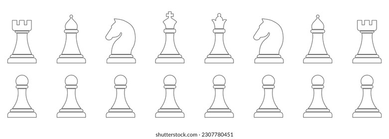 Juego de iconos de la línea de la pieza de ajedrez. Cifras de esquema de juego de tablero inteligentes. Ilustración vectorial aislada en blanco.