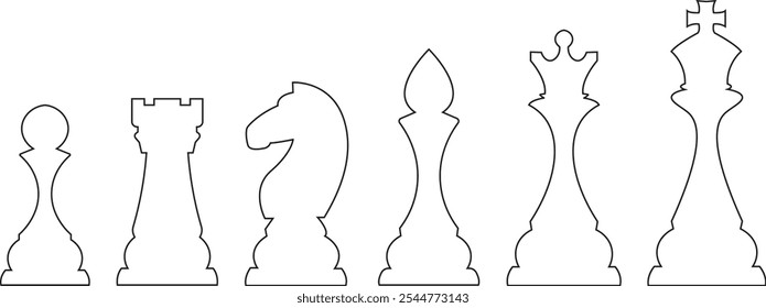 Conjunto de iconos de silueta de línea de pieza de ajedrez. Elementos de juego de mesa inteligentes. Ilustración vectorial de icono de ajedrez para Diseño web aislado sobre fondo blanco. Rey, reina, alfil, peón, caballo, caballero, torre.