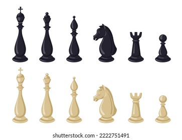 Chess piece logo. King and queen figures. Black or white knight. Horse, pawn and rook on game board. Bishop silhouette. Strategy gaming. Chessboard elements set. Vector tidy illustration