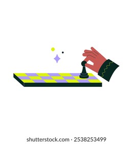 Chess Piece Move By Hand On Board In Flat Vector Illustration Symbolizing Strategy, Tactics, And Planning, Isolated On White Background