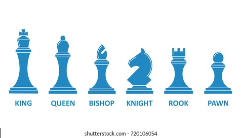 Chess piece name set. Board game image, king, queen, rook, bishop, knight, pawn symbol. Vector flat style cartoon illustration isolated on white background