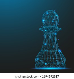 Chess piece pawn consisting of points and lines. Low poly wireframe on blue background. Creative minimal concept. Abstract illustration of a starry sky of galaxies. Digital Vector illustration.
