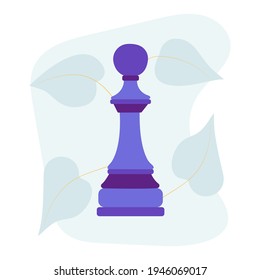 Chess piece pawn. Vector flat colorful isolated illustration. Abstract blue stain and leaves on background. Chessman