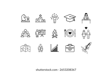 Chess piece podium celebration graduation student presentation campfire dining couple map growth first aid kit rocket