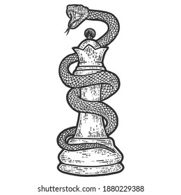 Chess piece queen entwined with a snake. Engraving vector illustration.