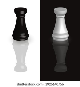 Chess piece rook 3d black and white isolated on black-white background. Chess is a strategic board game.