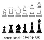 Chess piece, set of black and white vector silhouette illustration of chess pieces shape pawn rook knight bishop queen king, isolated on white background