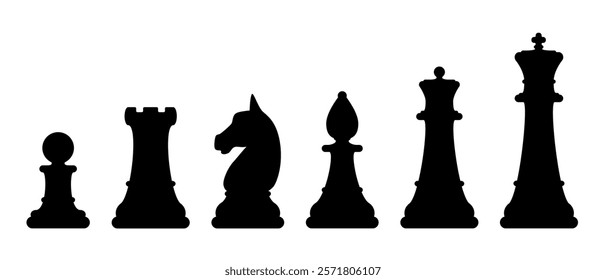 Chess piece, set of black and white vector silhouette illustration of chess pieces shape pawn rook knight bishop queen king, isolated on white background