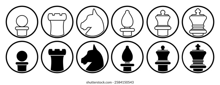 Chess piece, set of black and white vector silhouette illustration of chess pieces shape in circle pawn rook knight bishop queen king, isolated on white background