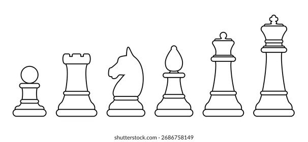 Schachfigur, Satz von schwarz-weißer Silhouette Illustration von Schachfiguren Form Bauernhaufen Ritter Bischof Königin König, einzeln auf weißem Hintergrund