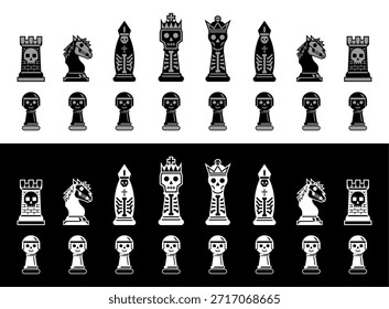 Pieza de ajedrez en blanco y negro con diseños de rey, reina y torre con temática de calavera con estética esquelética oscura y elegante.