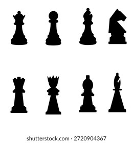 Chess piece silhouettes, classic strategy board game icons, king queen rook figure set.