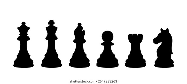Chess piece silhouettes of full classic set in row