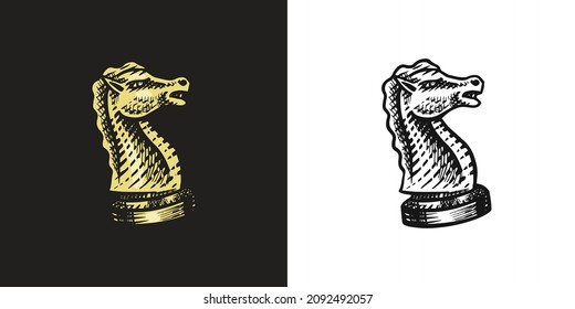 Chess piece in vintage style. Knight wireframe. Hand drawn engraved old sketch.