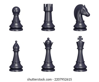 Chess pieces 3d set. Black Color. Pawn, king, queen, rook, knight, bishop. Isolated objects on a transparent background