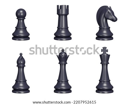 Chess pieces 3d set. Black Color. Pawn, king, queen, rook, knight, bishop. Isolated objects on a transparent background