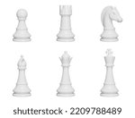 Chess pieces 3d set. White Color. Pawn, king, queen, rook, knight, bishop. Isolated icons, objects on a transparent background