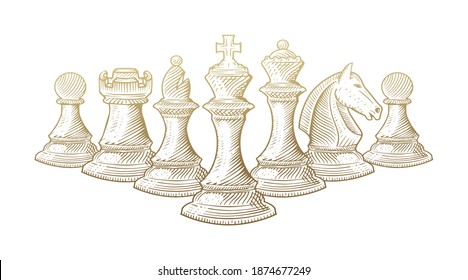 Chess pieces aligned, luxury gold hand drawn or engraving. King, Queen, Bishop, Knight, Rook, Pawn.