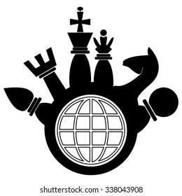 The chess pieces around the globe, a symbol of the Union, the chess Federation.
