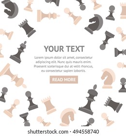 Chess Pieces Background Banner with Place for Your Text. Flat Design Style. Vector illustration of Flying Random Chess Figure on White Background. This Chess Background for Sport Placard