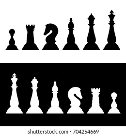 Chess pieces black silhouettes set. Business strategy vector icons king and queen, knight and bishop, rook and pawn illustration