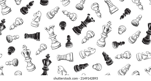 Chess pieces black and white seamless pattern. Sketch. Vector hand-drawn background