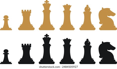 Chess pieces are black and yellow. A selection of silhouettes of chess pieces.