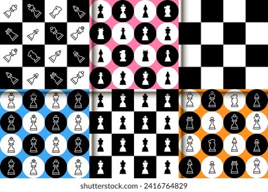 Chess Pieces and Chess Board Seamless Pattern Collection. Board Game Sport Championship Game Background Set.