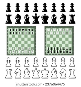 Chess pieces and board set on white, vector illustration. Chess game elements for online